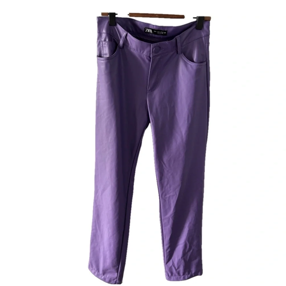 Blogger Fav! ZARA S Faux Leather Dark Mauve/Purple Pants Straight Leg Lined - Picture 5 of 16